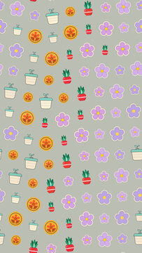 Stylized potted plants and flowers pattern