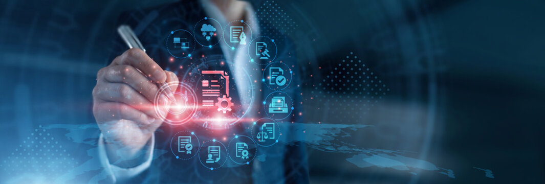 Corporate workflow. Database administrator using laptop organizing secure file indexing, version control histories, and cloud access permission directories on enterprise storage network panel.