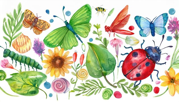 watercolor cute summer insects grasshopper ladybug snail beetle butterfly