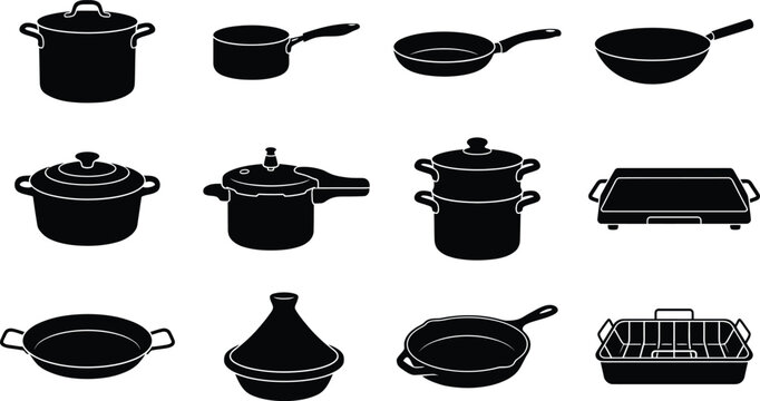 Kitchen cookware and cooking pot in black silhouette style, including saucepans, frying pans, pressure cookers, and roasting pans