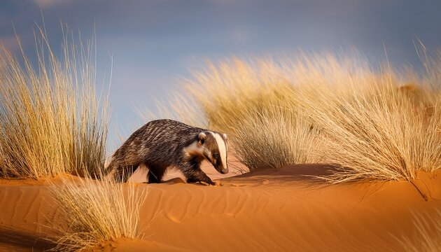 honey badger searching the dunes of the kalahari desert for a meal