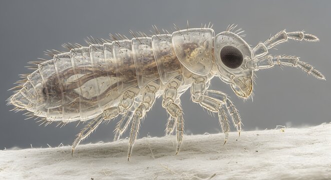 Tiny translucent springtail insect macro detail with soft grey background in studio lighting