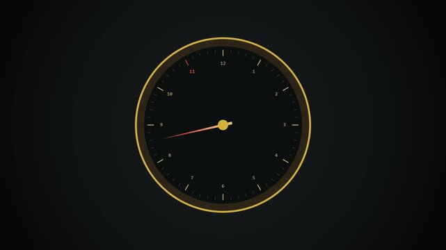 Modern minimalist precision countdown chronometer gauge with a single rotating needle on a dark background, professional 12 unit clock face for time management, science, and technology concepts.