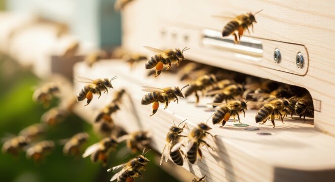 Bees gathered around an open wooden hive box on a bright day.