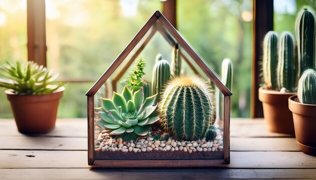 rustic mini wooden greenhouse with cacti and succulents inside vintage weathered glass terrarium for home gardening and botanical decoration on a wooden table