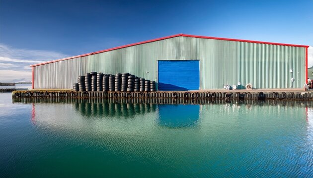 a corrugated metal warehouse sits on an industrial pier with stacked tire fenders a blue loading door and calm green water reflecting the utilitarian harbor scene reykjavik iceland