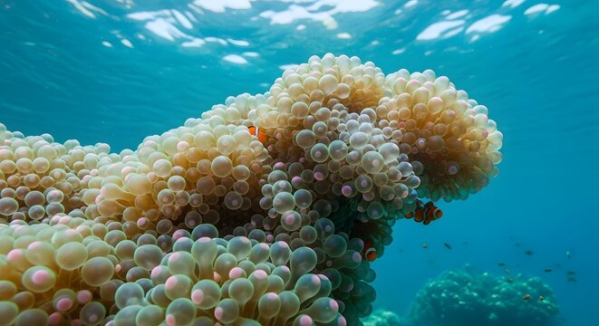 Two clownfish swim amidst vibrant coral polyps in clear blue ocean water during daylight