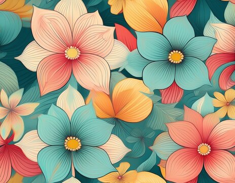 floral seamless pattern colorful retro flowers in pastel pink blue yellow and mint tones cute geometric botanical repeat design playful blossoms star petals and modern spring aesthetic