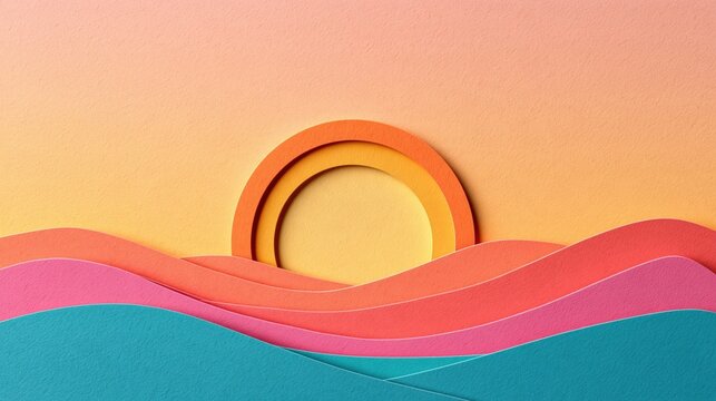 Colorful paper art depicting an abstract sunset scene