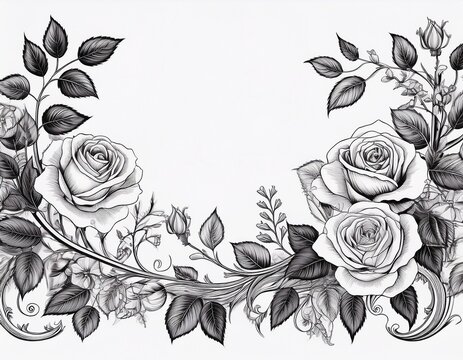 hand drawn rose floral border with detailed leaves blossoms and vines black and white botanical line art decorative design