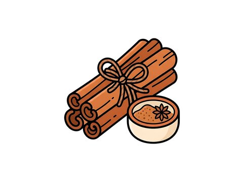Vector icon of cinnamon sticks tied with string and ground cinnamon in bowl