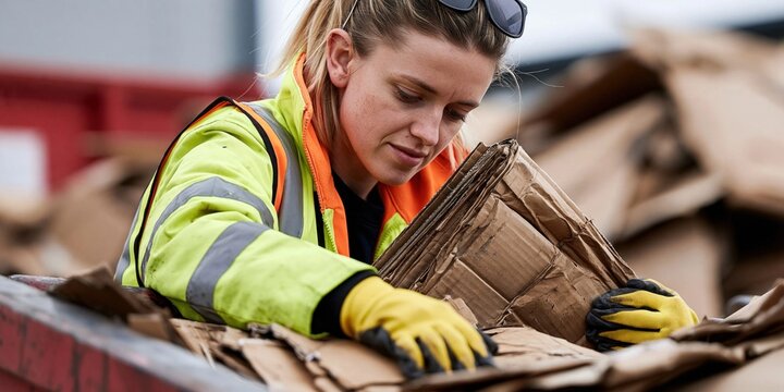 Female worker sorting cardboard for recycling process