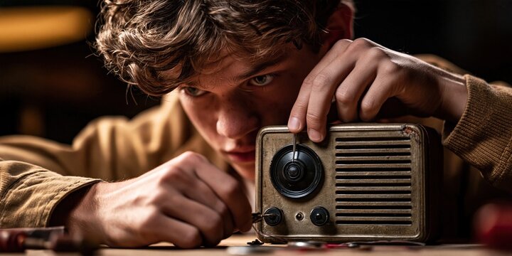 Vintage radio repairman meticulously working on device