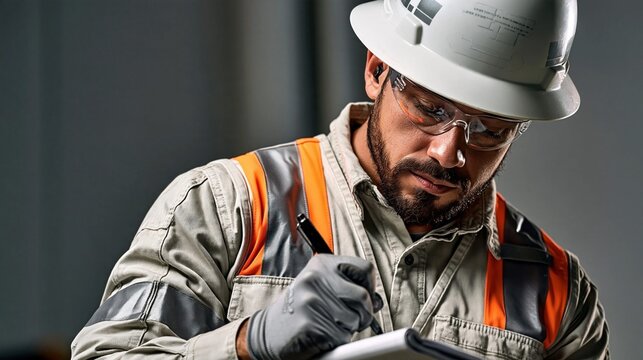 Construction professional examines blueprints with concentration