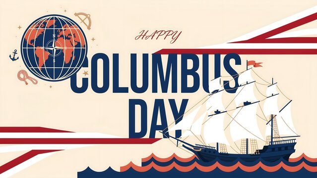 Happy columbus day banner with vintage sailing ship, globe, and nautical elements on a light background