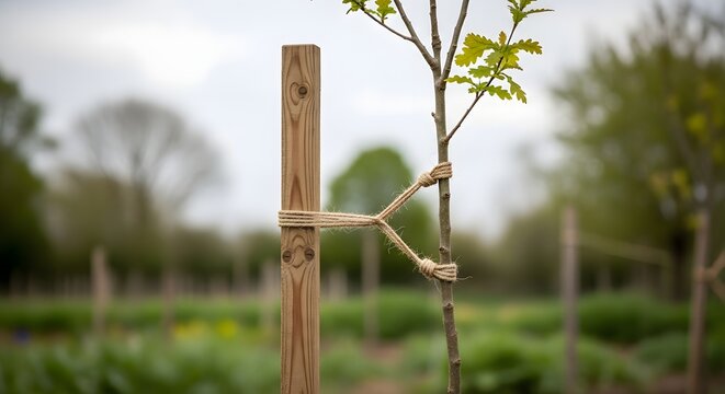Young oak sapling staked with twine against blurred green growth during overcast daylight