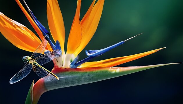 bird of paradise flower colorful and fresh with dragonfly on a dark backgound