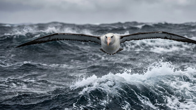 Albatross soars over turbulent ocean waves stormy weather front view eye level balanced framing