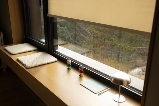Contemporary Window with Roller Blind And Oak Bench With Study Setup