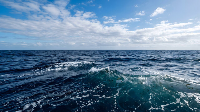 Wide angle blue sky white clouds deep indigo ocean daylight low angle shot camera balanced framing