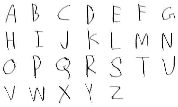 Handwritten alphabet letters set PNG. A-Z uppercase characters. Simple, thin line, doodle, school, education style for design, learning, text. Isolated transparent object.