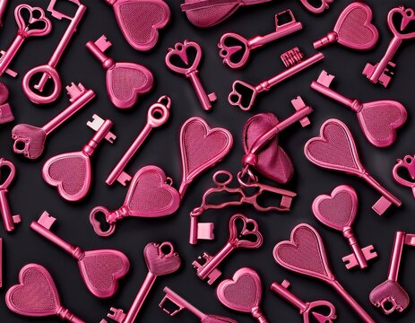 playful seamless pattern featuring pink heart shaped keys on a black background with charming repeating details
