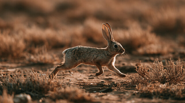 Desert cottontail rabbit Sylvilagus audubonii run across dry arid earth