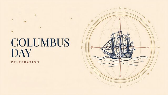 Columbus day celebration banner with a vintage sketch of a sailing ship inside a compass rose