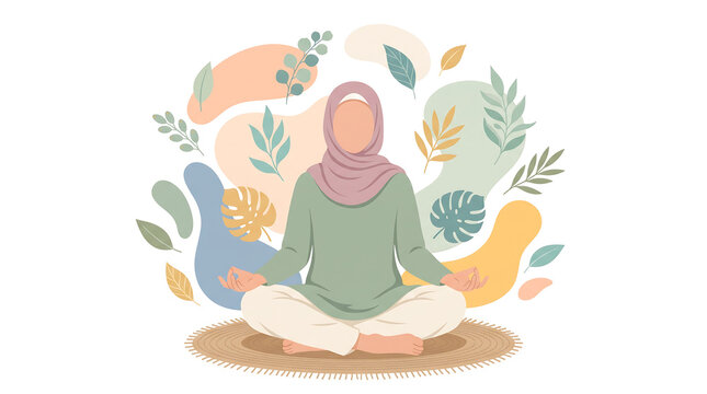 Vector illustration of a faceless Muslim woman wearing a hijab and green tunic sitting in a lotus meditation pose on a woven rug with pastel organic shapes and leaves.