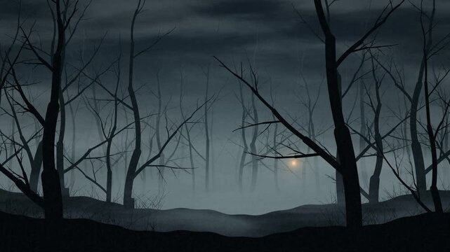 A distant amber light glows through drifting fog in a dark bare forest, charcoal style mysterious woodland background with a seamless loop