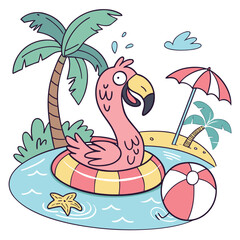 Tropical Island with Palm Trees and Sea, Exotic Paradise with Boat on Ocean Waves, Summer Vacation Travel Landscape, Tropical Nature and Beach Vector Illustration Design © Saidur