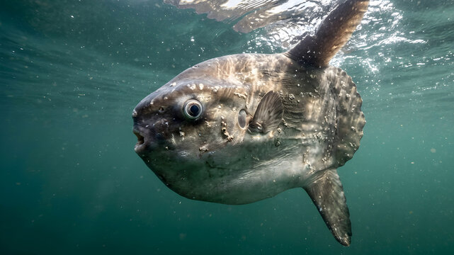 An ocean sunfish swims close to the surface of the Gulf of Maine in the early morning light