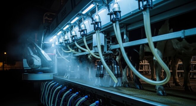 Industrial machinery in operation with steam or mist emission under artificial lighting