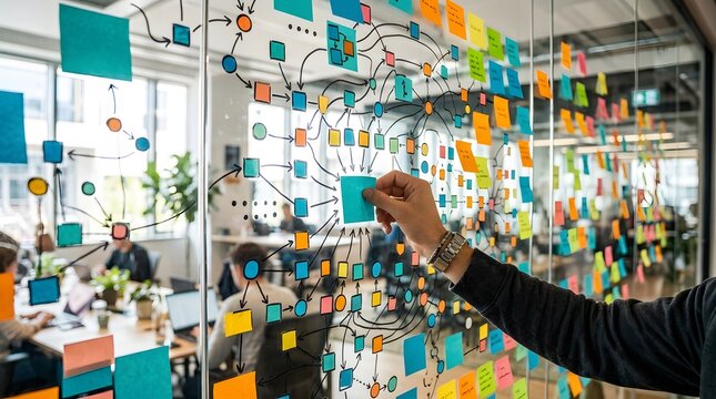 Creative team brainstorms ideas on a vibrant sticky-note wall filled with colorful notes and diagrams in an open workspace.