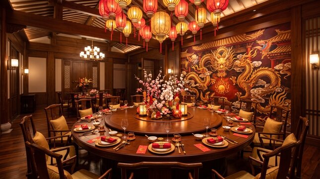 Luxury Chinese New Year banquet table, red lanterns and dragon mural