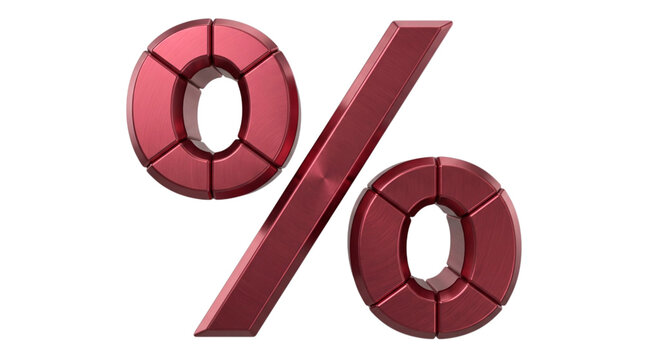 Crimson metallic percentage symbol with segmented design on transparent background