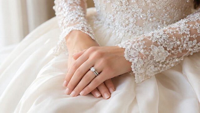 Bride Hands Wearing Diamond Wedding Ring on Elegant White Lace Gown, Romantic Bridal Jewelry Close-Up with Engagement Ring, Marriage, Love, Luxury Wedding Ceremony and Commitment Concept