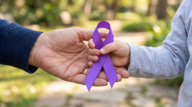 Generosity And Hope Symbolized By Shared Purple Ribbon In Gentle Outdoor Light