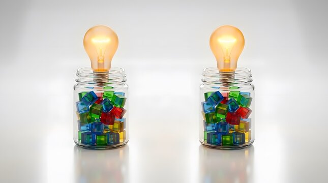 Two jars filled with multicolored beads containing glowing lightbulb-shaped objects representing creativity and ideas.