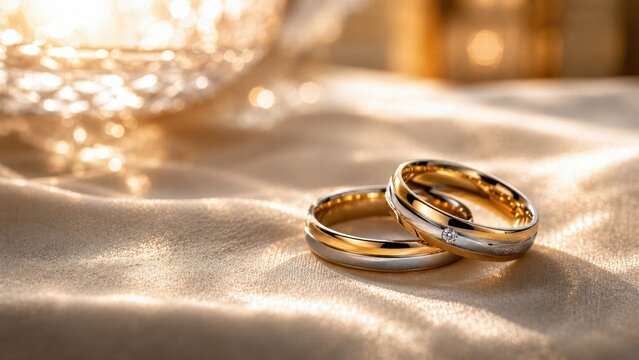 Elegant Gold and Silver Wedding Rings with Diamond Detail on Soft Champagne Satin, Romantic Bridal Jewelry Close-Up with Marriage, Love, Commitment, Luxury Ceremony and Anniversary Concept