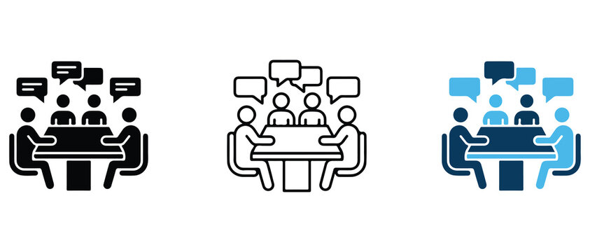 meeting illustration icons showing conversation bubbles around groups of people sitting at tables