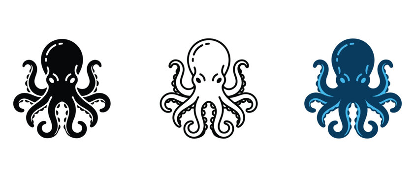 octopus illustrations in black white and blue color variations isolated on transparent background