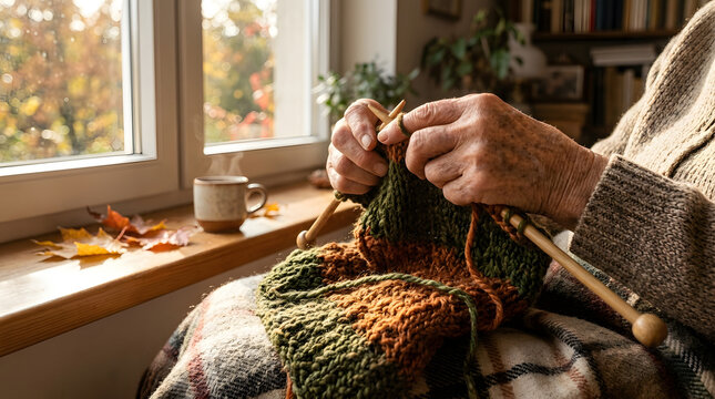 Close-up of Elderly Person Hands Knitting Woolen Scarf by Window with Hot Tea and Autumn Leaves   
