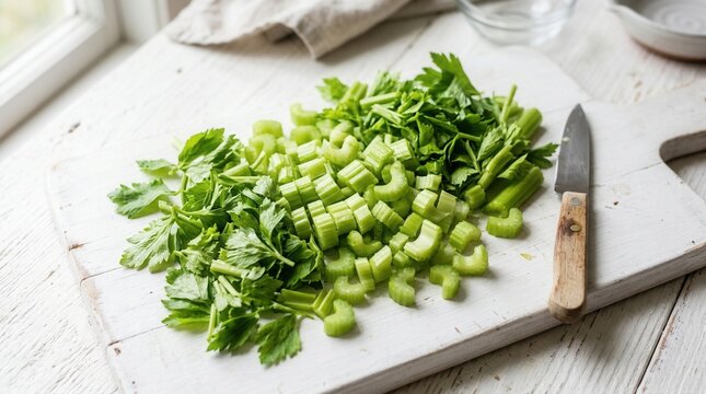 Freshly Chopped Celery And Leaves On Cutting Board Next To Knife