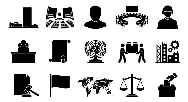 Global Governance Icons: Diplomacy, Law, Politics, and Justice Symbols