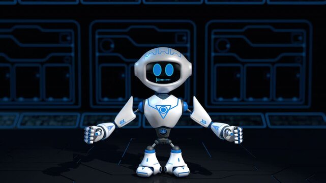 A small white robot with blue graphics opens a door in its head and removes an artificial intelligence chip, which flies into its hand against a dark background. 3D Animation