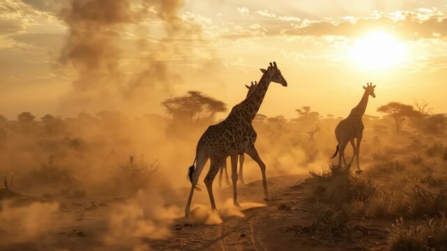 Giraffe walking across dusty african savanna landscape, moving along dry wilderness trail, stirring brown sand cloud during golden sunset hour, wild safari fauna journey under bright sun.