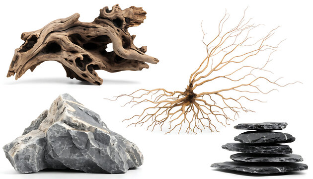 Aquarium decor set with driftwood, natural rocks, and aquatic plant roots on white