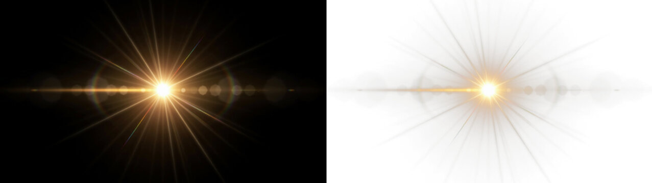 Glowing bright star sun flare with lens effect and rays, isolated on transparent background