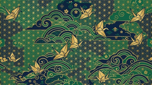 Colorful origami butterflies on intricate green pattern background